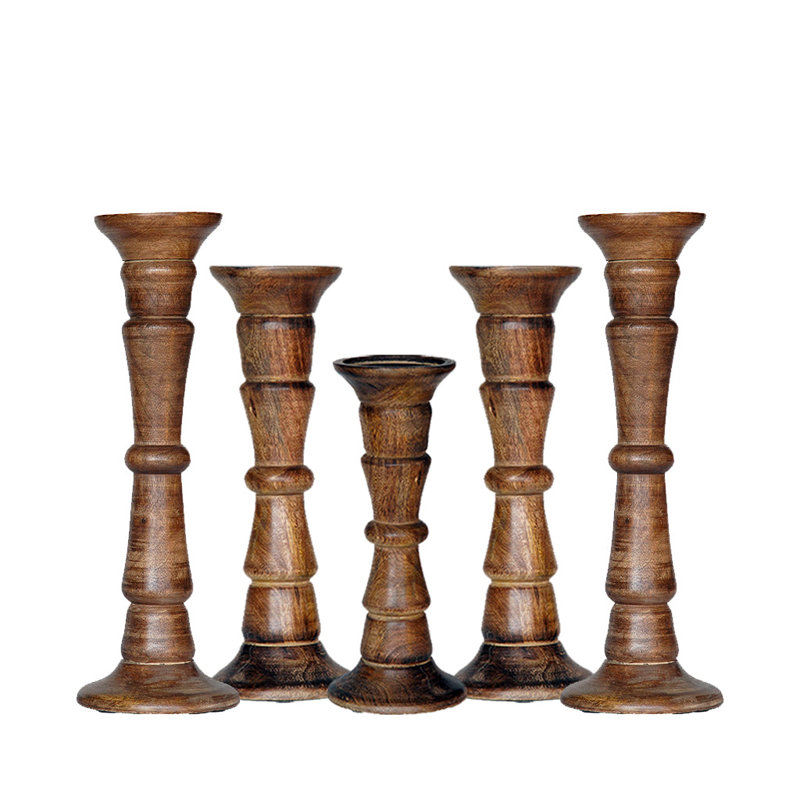 15'' H Wood Tabletop Candlestick, Medium Burnt