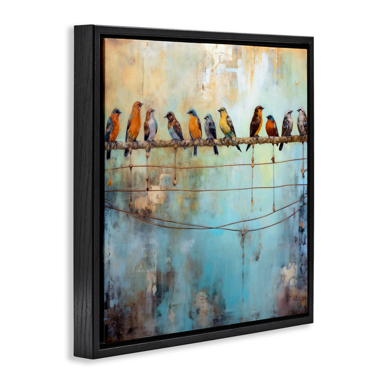 Abstraits oiseaux perchés, Cadre flottant noir de jais, H 25 po x l 25 po