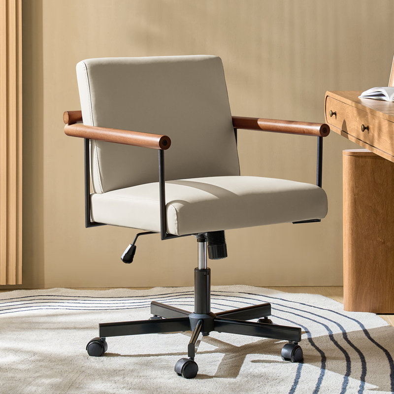 Avelina Rafael Modern Industrial PU Leather Upholstered Swivel Tilt Task Office Chair with Solid Wood Armrest, Tan