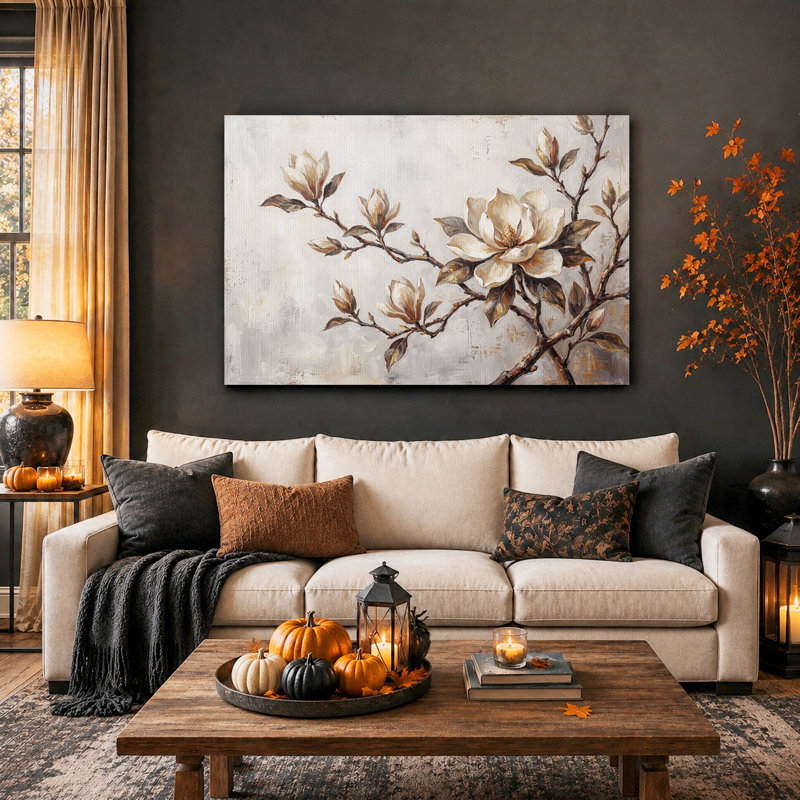 Crème, fleurs de magnolia sur fond texturé, art mural d'Halloween, H 24 po x l 36 po