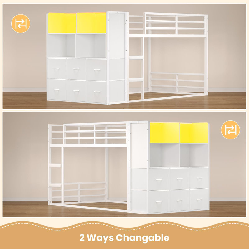 Twin Bunk Beds With Led Lights & Storage, 6 Drawers,Twin Over Twin Bunk Bed, Metal Low Bed With Safety Ladder And Guardrail,Space Saving