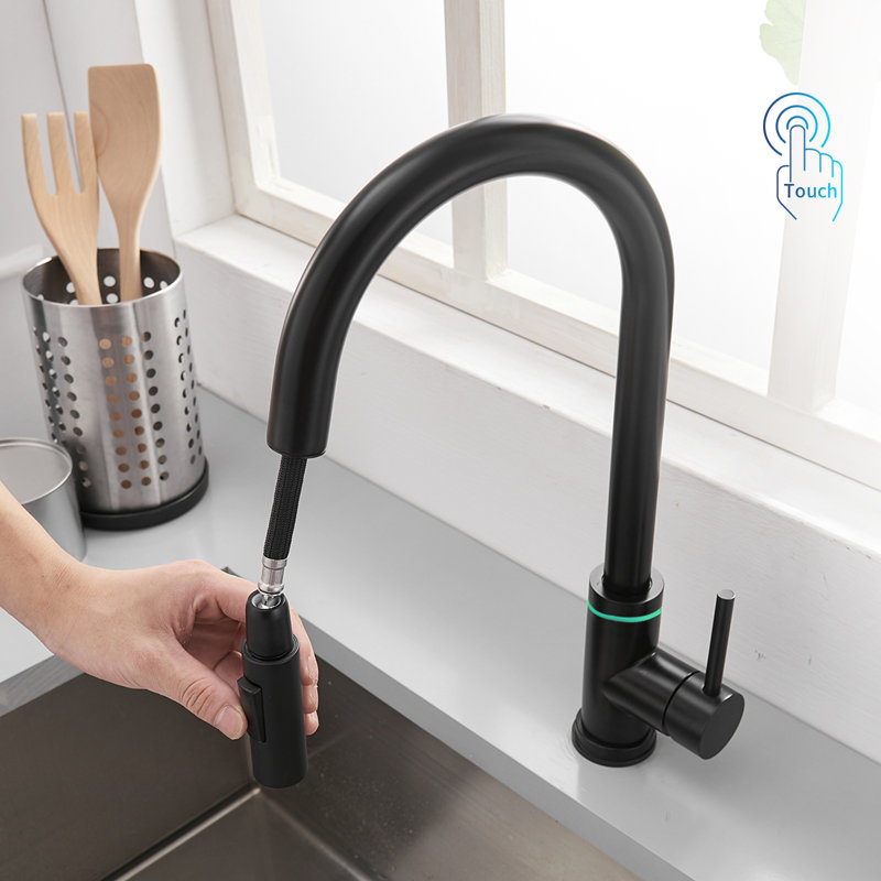 Robinet de cuisine à poignée simple rétractable, Noir mat
