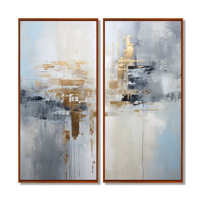 Gold Memories On Faded Blue - Abstract Wall Art, Blue Abstract Canvas Print 2 Panel