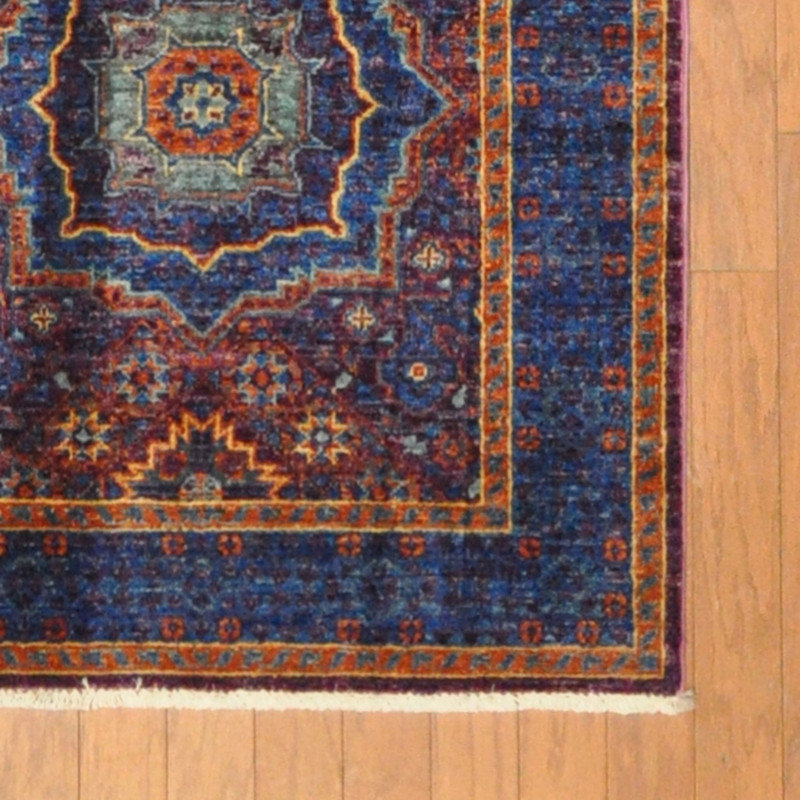 Tapis de couloir unique en laine noué à la main bleu marine / orange nouvel âge 2 pi 8 po x 8 pi 9 po Ardoyd