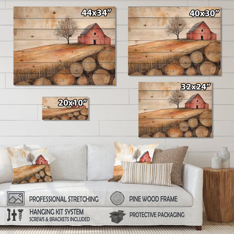 Autumn Farm On A Wooden Slide Landscape III - Barn Wood Print - On Natural Pine Wood, 30" H x 40" W x 0.78" D