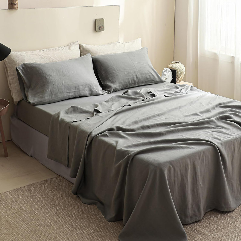 100% Linen Sheets Set, Queen Sheet Set with 2 Pillowcases, Gray