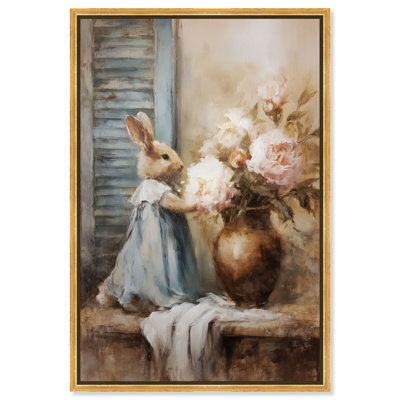 Floral Bunny Framed Canvas Print Easter Wall Decor by Art Remedy, Gold Frame, 16 x 24