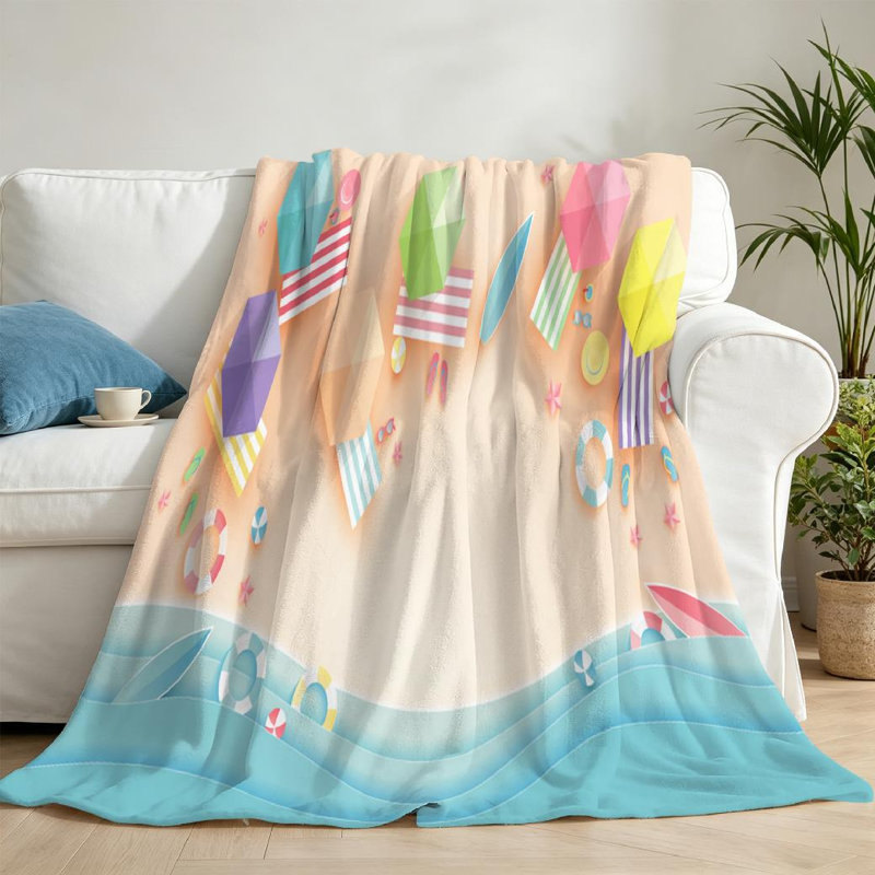Jeté en flanelle de polaire bleu ultra doux, vue de dessus de plage avec impression d'un seul côté, Throw 50" x 60"