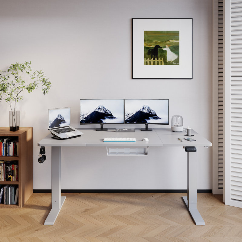 Hieronymus Electric Adjustable T-Shape Standing Desk Home Desk With Backpack Hook And Memory Smart Pannel, Grey