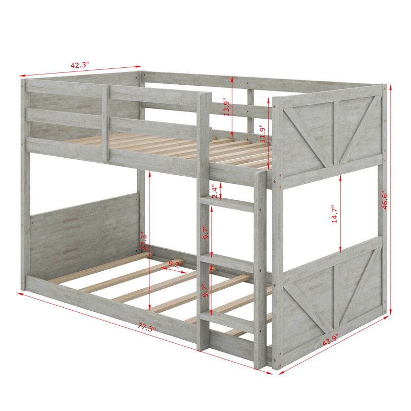 Twin Over Twin Floor Bunk Bed With Panelled Headboard And Footboard, Solid Rubber Wood Foundation With Safety Guardrails, Built-In Ladder