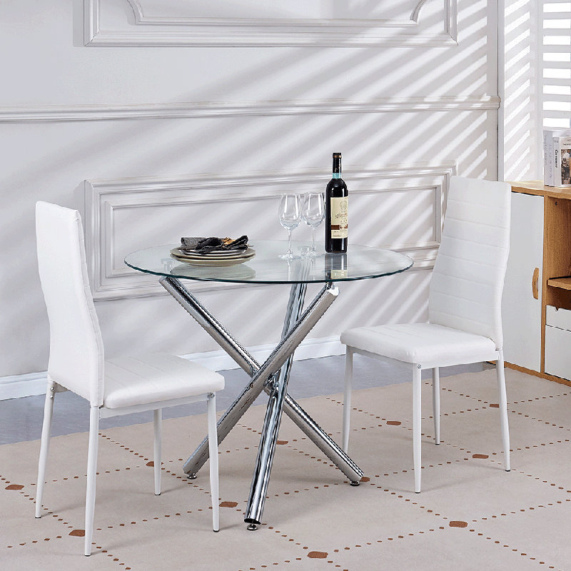 Ensemble de salle à manger rond 3 pièces, ensemble de 2 chaises de table pour la cuisine et la salle à manger, coin-repas, plateau de table en verre, argent / blanc