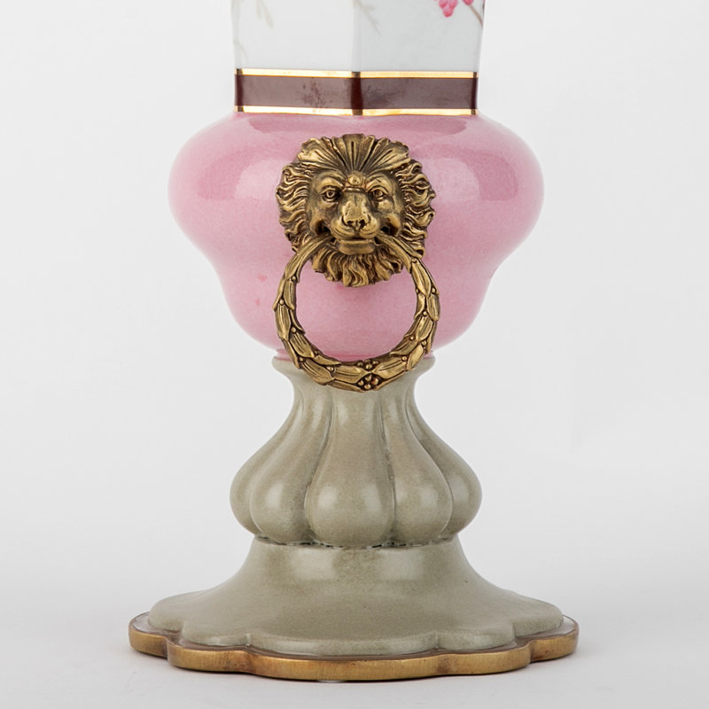 Pastel Bird Hexagon Porcelain Vase with Bronze Ormolu