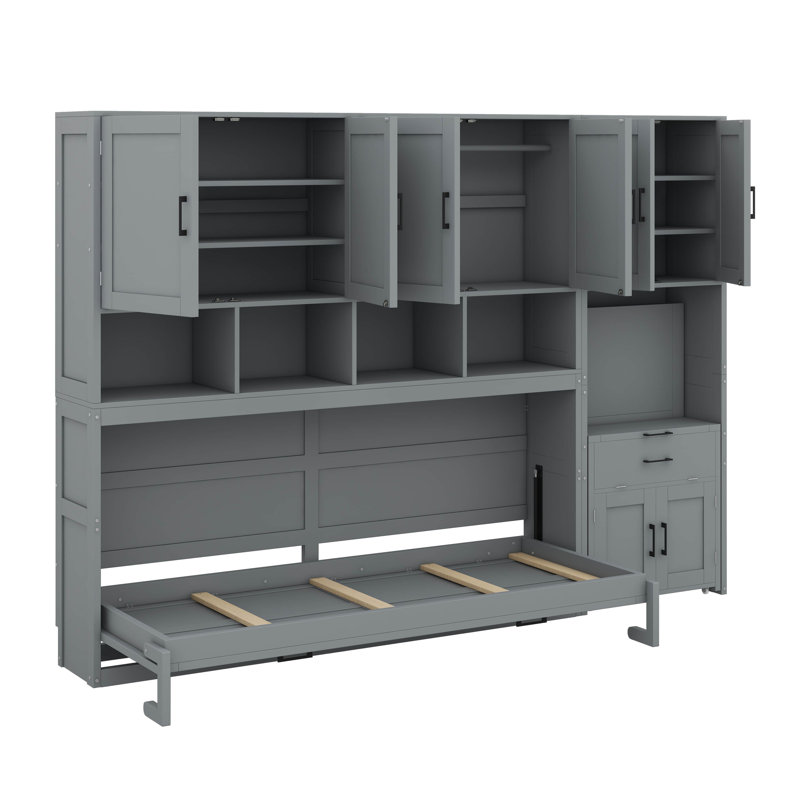 Lit escamotable compact compact équipé d'un placard intégré, de tiroirs et d'un bureau, Gris