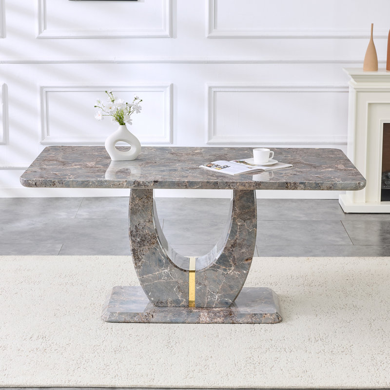 Rectangular Dining Table, Modern Table with U-Shaped Base, 30"H x 63"L x 37"W, Gray/Brown Marble