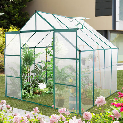 Double Door 8x8 Ft Polycarbonate Greenhouse, Galvanized Base, Ideal For Outdoor Planting All Year Greenhouse Outdoor, With Drainage In Seasons