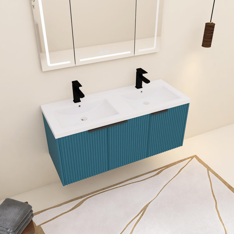 Meuble-lavabo mural 48 po avec lavabo double en résine et 3 portes à fermeture en douceur, Bleu lac
