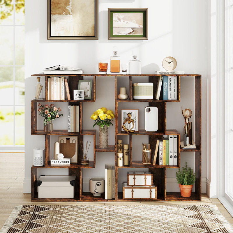 Open-Back Geometric Bookshelf Home 6-Cube Large Bookcase, Brown
