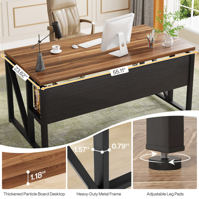 Bureau d'ordinateur moderne de 55 pouces avec tablette de rangement, bureau d'écriture pour bureau personnel, Brun