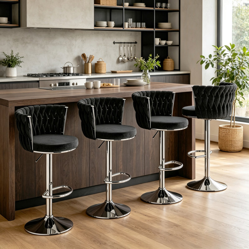 Bar Stools Set Of 2, Velvet Upholstered Bar Chairs With Black Metal Legs, Backs And Footrest Counter Height Bar Stools, Modern Bar Chair For Kitchen Island, Dining Room