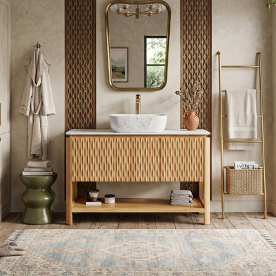 48" Modern Freestanding Bathroom Single Vanity With Marble Pattern Vessel Sink, Sintered Stone Top & Solid Wood Bamboo Texture Doors