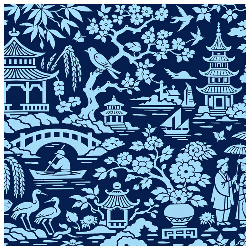 Couvertures bleues à motif de paysage asiatique, 60in W x 80in H