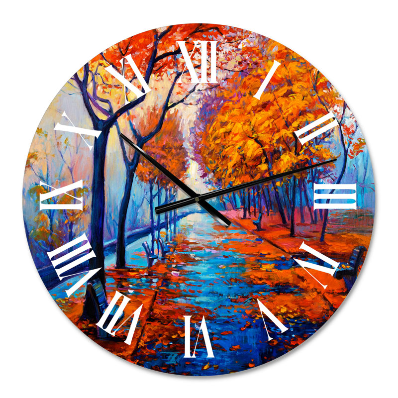 Petite route à travers le paysage d'automne orange III - Horloge murale traditionnelle, Petit