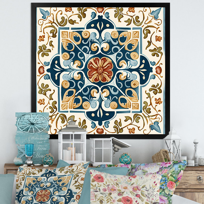 «Méditerranée Tiles In Retro Blue», reproduction sur toile, Impression noire sur toile encadrée, H 16 po x l 16 po x P 1 po