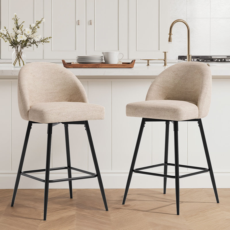Swivel Bar Stools Set Of 2, Counter Height Bar Stools With Back & Metal Legs-Linen, Linen Chenille