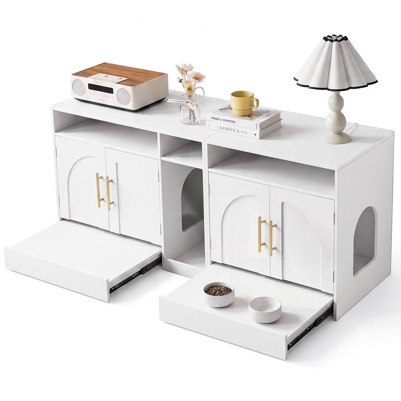 Mobilier moderne pour litière avec bac coulissant et griffoir, grand compartiment double dissimulé pour plusieurs chats, meuble télé convertible avec portes magnétiques, maison pour chat avec étagères ouvertes et prise électrique intégrée, blanc