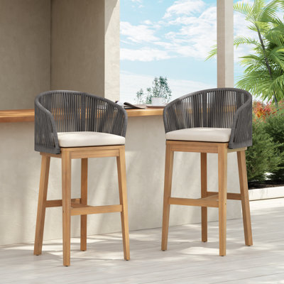 Bronson Outdoor 30.5" Seat Height Acacia Wood Bar Stools With Rope Backs & Cushions by George Oliver
