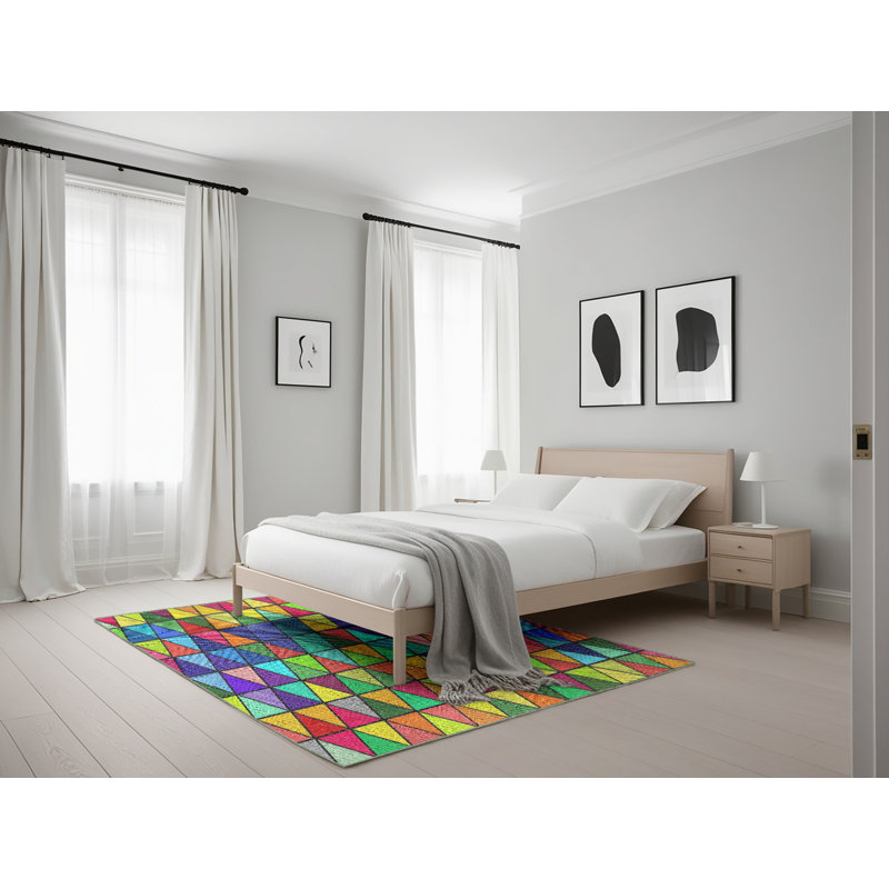 Tapis jaune/bleu/orange à motifs, Rectangle 5 pi x 7 pi