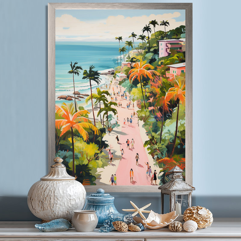 Scène de plage côtière, paradis en couleur pastel II - art de la plage côtière, Cadre simple argenté