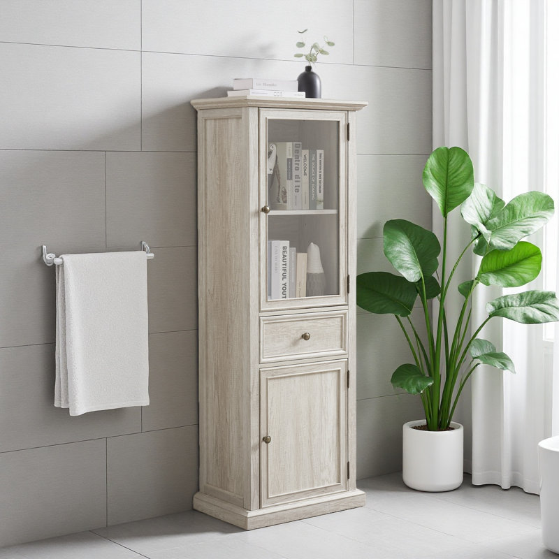 Grande armoire de rangement moderne avec portes et tablettes en verre - Buffet autoportant polyvalent avec tiroir pour le salon, la cuisine