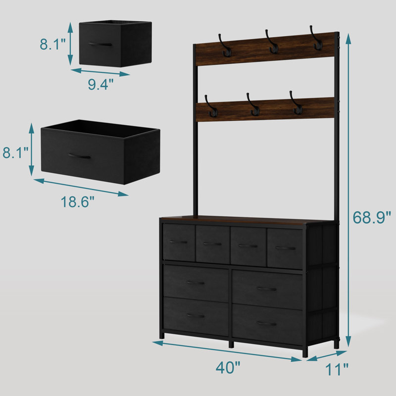 Dresser For Bedroom With 8 Drawer Dresser, Charging Station & 6 Hooks , Black