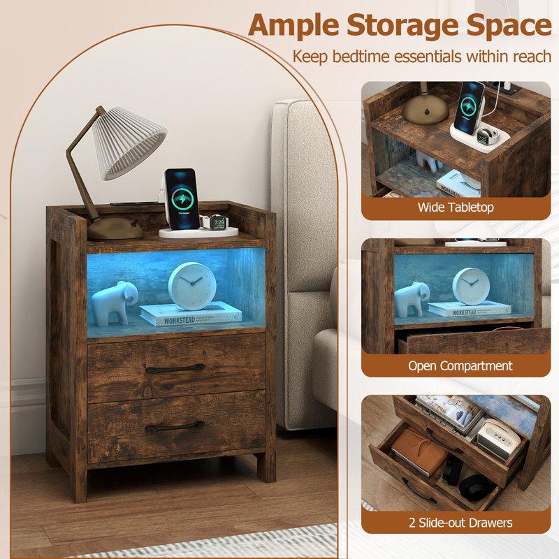 Nightstand LED Bedside Table With LED Lights & Power Outlets, Brown