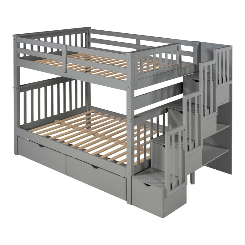 Lit superposé double au-dessus de double avec tablettes et 6 tiroirs de rangement, gris