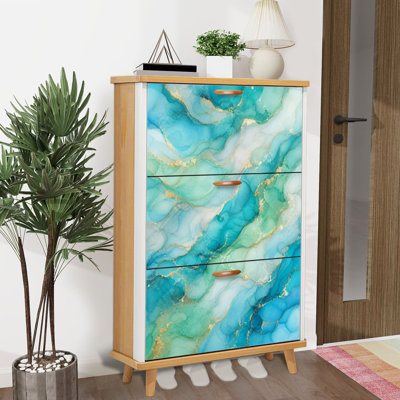 Shoe Storage Cabinet with 3 Flip Drawers for Pastel cyan mint liquid marble watercolor wavy lines brush Shoe Rack Storage Organizer