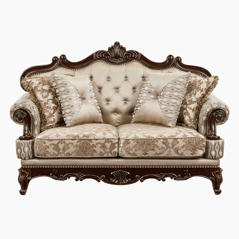 Shonta 69.5" Traditional Chenille & Silk-like Fabric Loveseat with Faux Crystal Tufted Design, Elegant Nailhead Trim, Cherry & Gold Finish