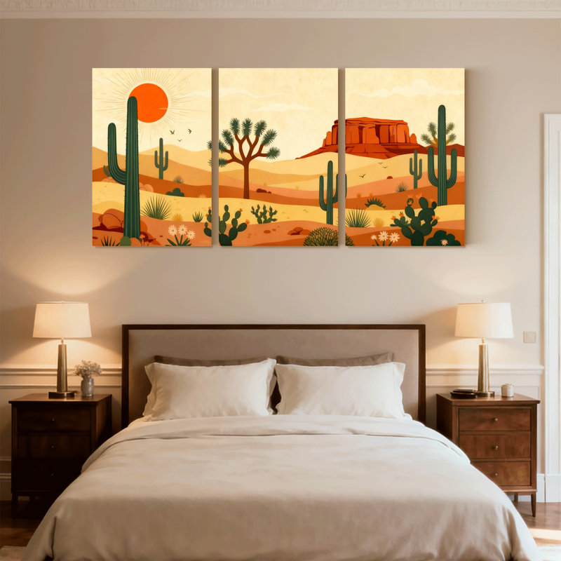 «Landscape & Nature Desert Landscape with Cactus and Sun», ensemble de 3 impressions sur toile, H 18 po x l 36 po