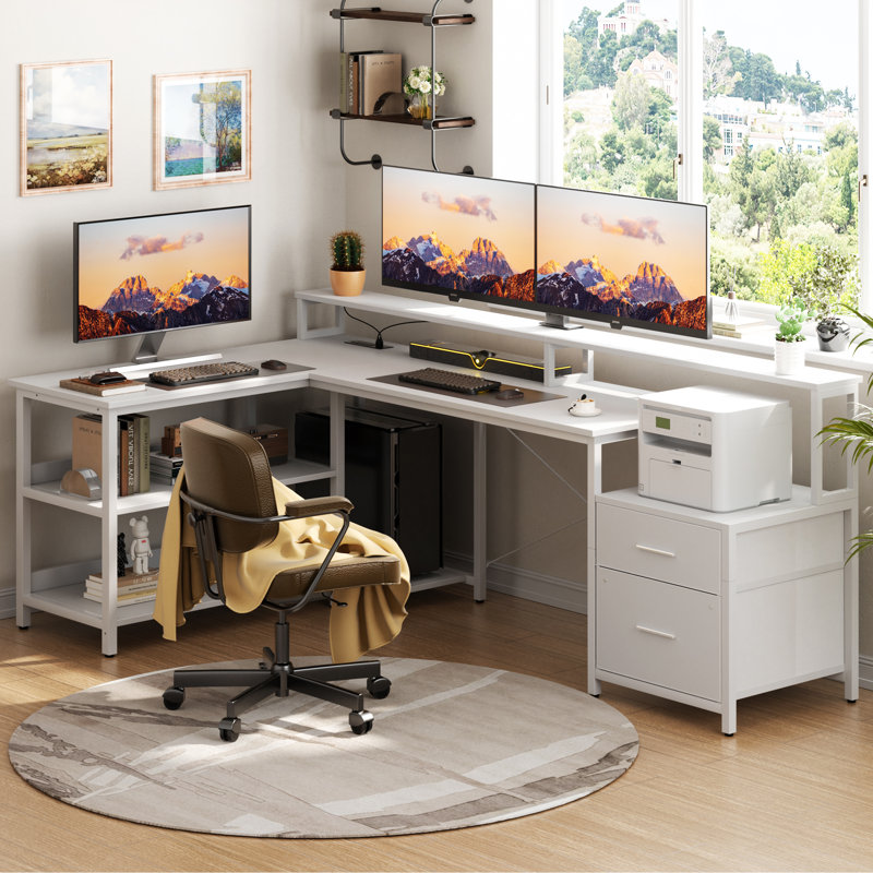 Bureau d'écriture en L Kaedence, bureau de jeu à DEL, bureau avec prises de courant, Blanc / blanc