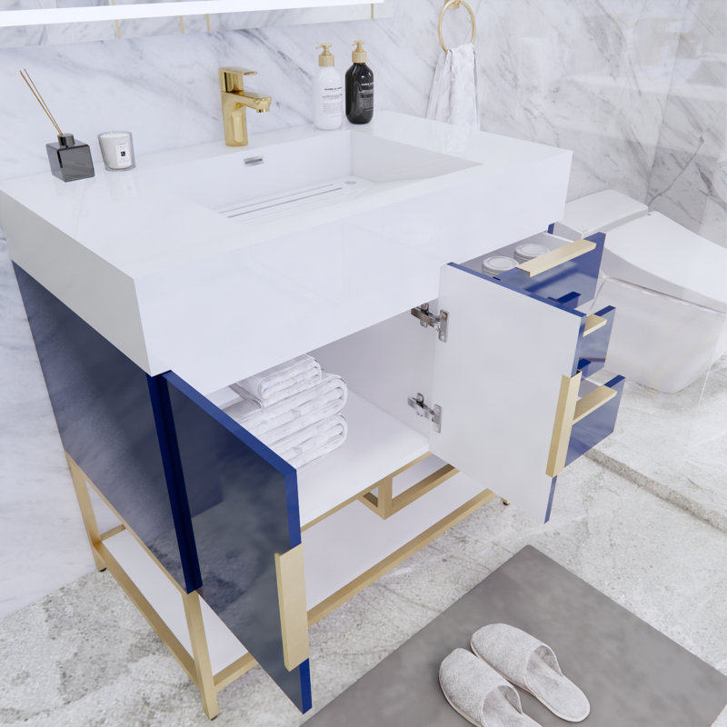 Ensemble de meuble-lavabo simple 36 po Glasgow, Blanc, Bleu nuit ultrabrillant