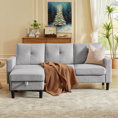 Corduroy Sectional Sofa with Storage Ottoman and Side Storage Pockets