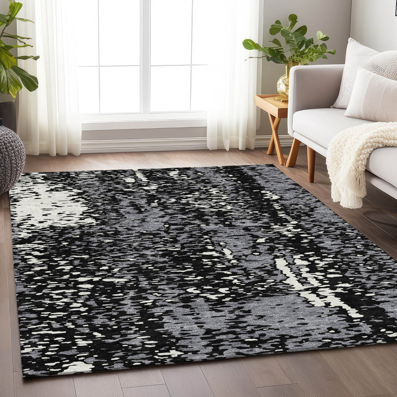 Premium Machine Washable Prisco Black Rug, Rectangle 10' x 14'
