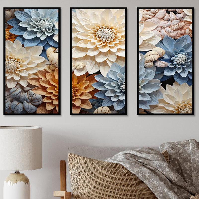 «Simplicity Mums Bloom» en beige et bleu pâle - ensemble d'art sur toile Mums, Cadre flottant noir