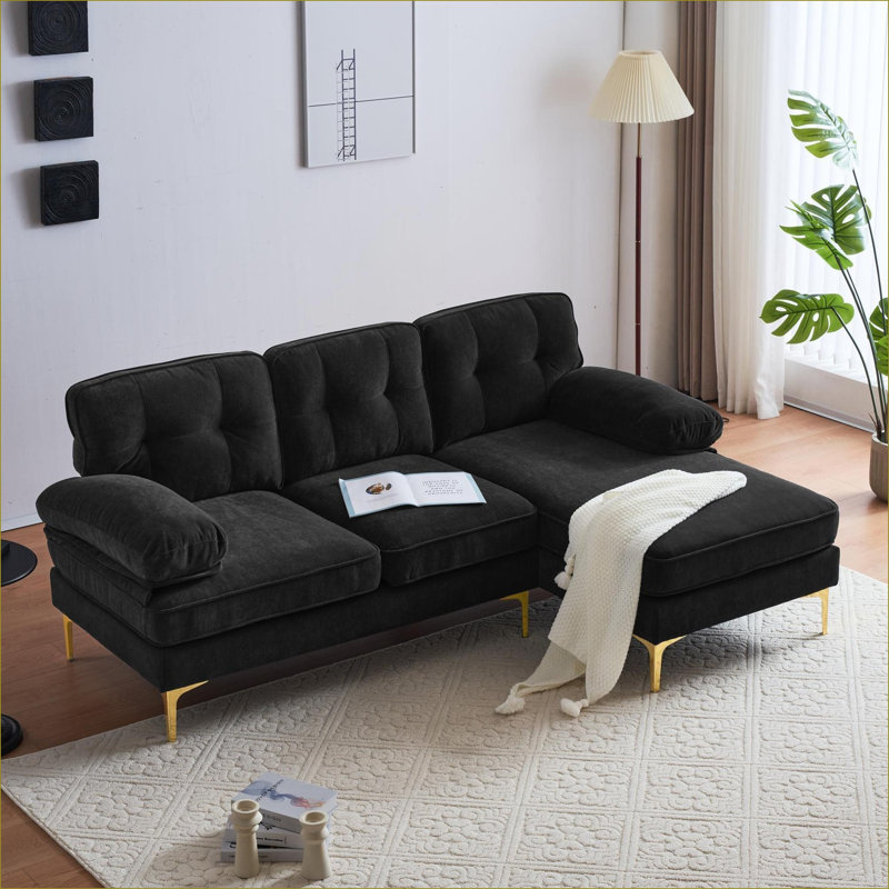 Canapés modulaires | Canapé 82,6 po moderne en forme de L pour la chambre à coucher de salon | Noir | Velours