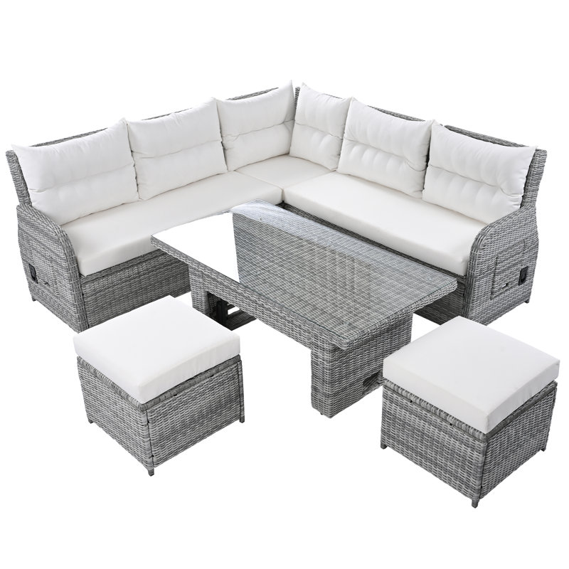  Ensemble de meubles de patio extérieur, ensemble en rotin avec table réglable, fauteuils inclinables et repose-pieds, beige