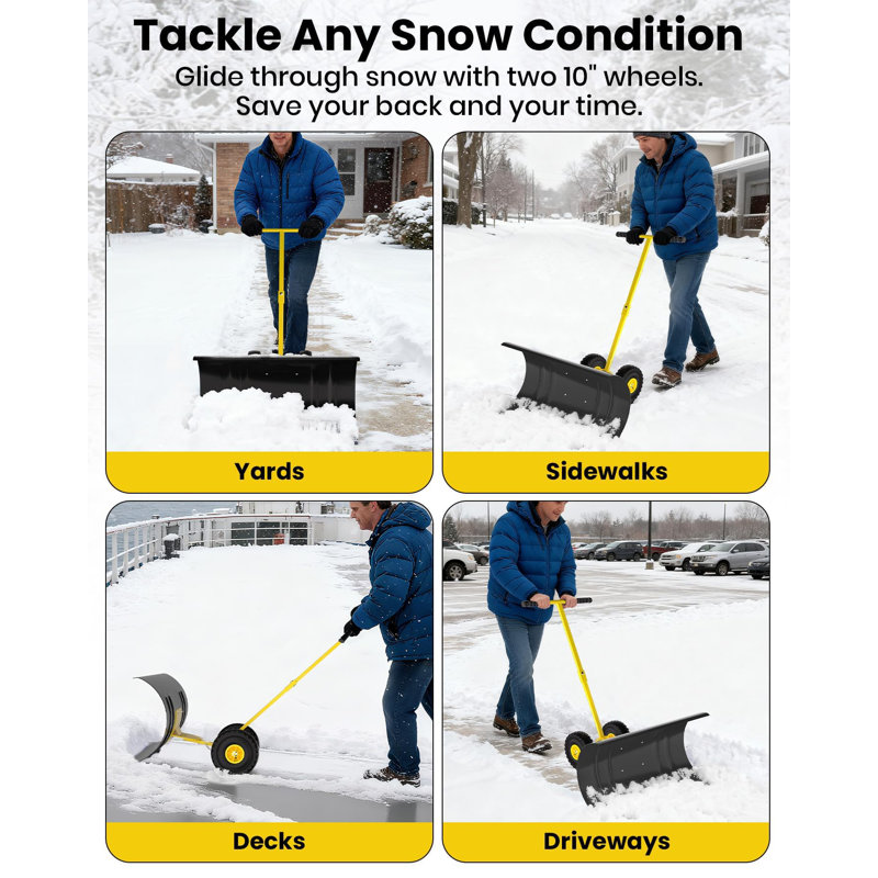 Pelle à neige pour allée, pelles sur roulettes robustes à 5 positions, poignée ergonomique réglable et roues en caoutchouc pour un déneigement efficace, chasse-neige pour porte, allée et trottoir