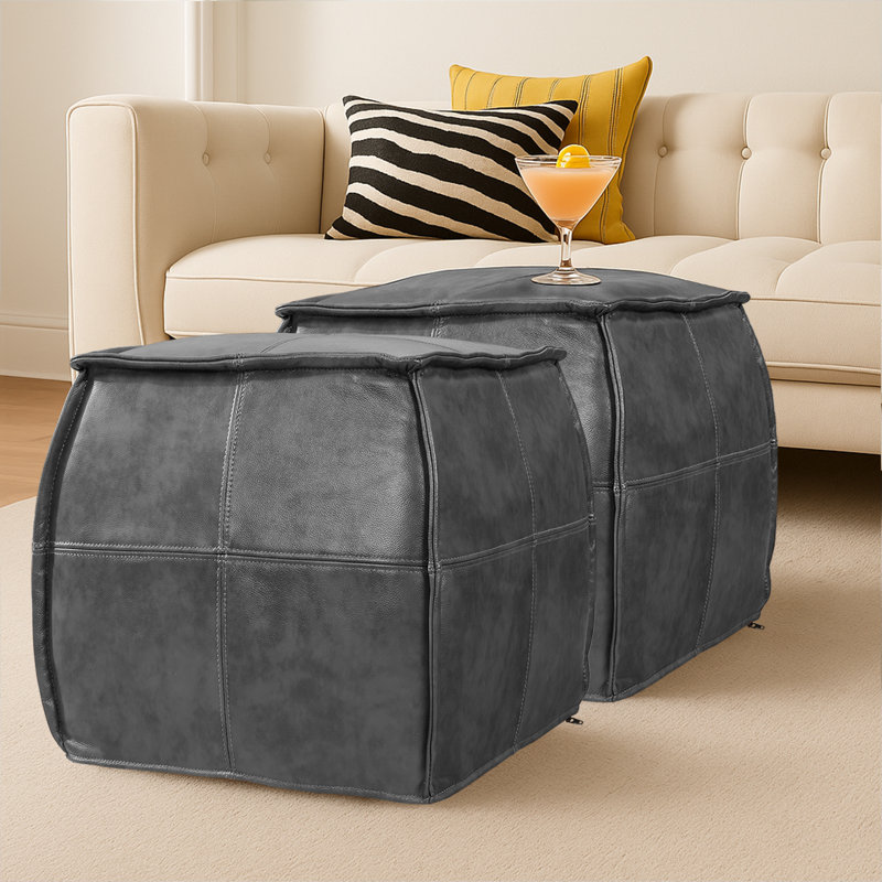 Full-Grain Genuine Leather Square Pouf With Patchwork Design (Set Of 2), Gris