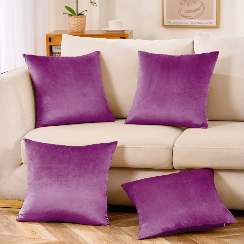 Set Of 4 Throw Velvet Cushion Covers, Purple, 22"H x 22"W