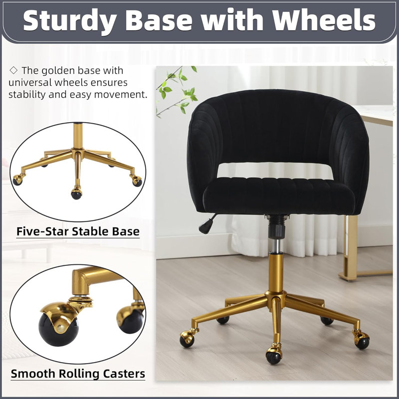 Velvet Desk Chair with Wheels, Home Office Swivel Armchair with Gold Base, Back Incline Adjustable for Vanity Make-up, Black